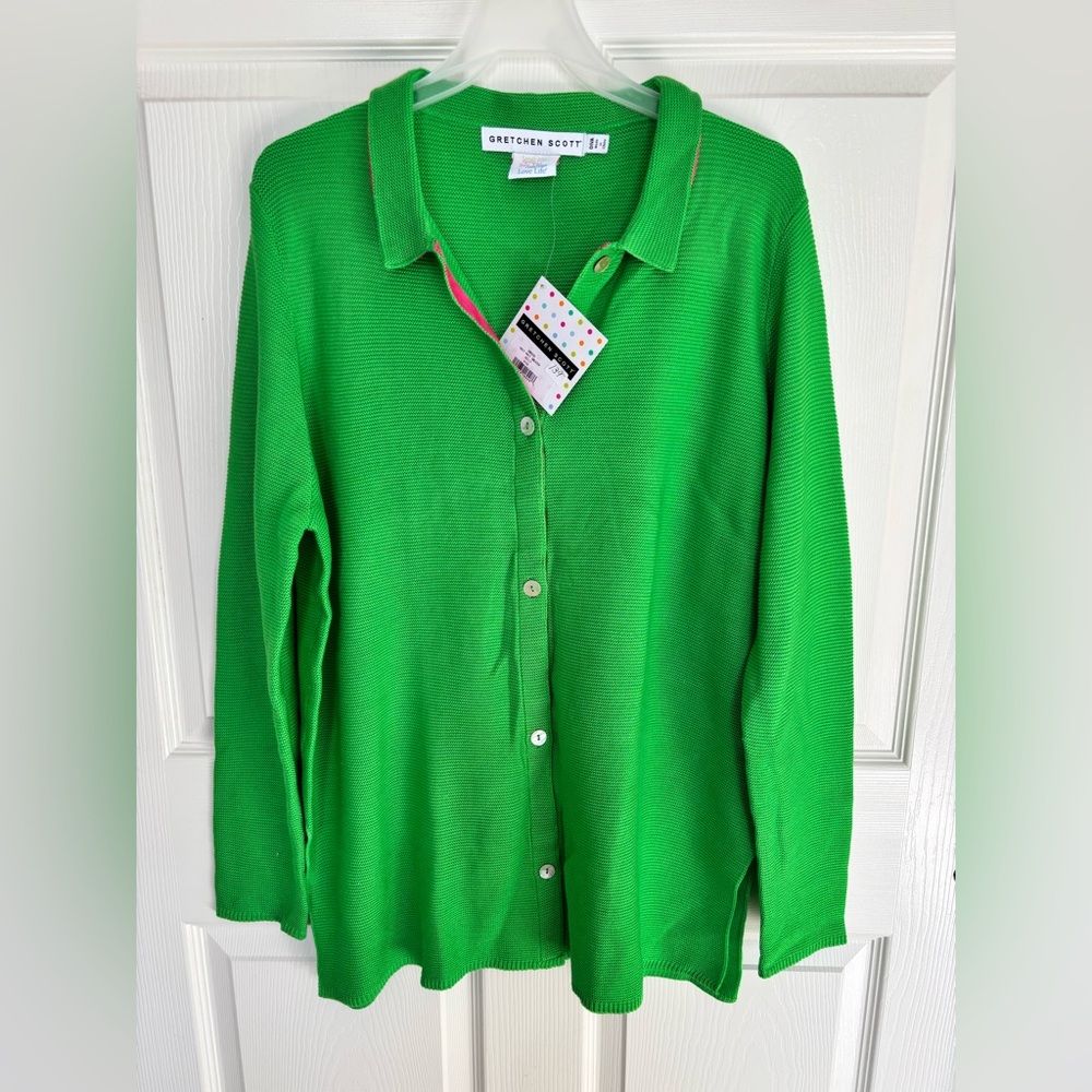 Gretchen Scott Designs Green Cardigan with Pink Accents - Picture 2 of 11